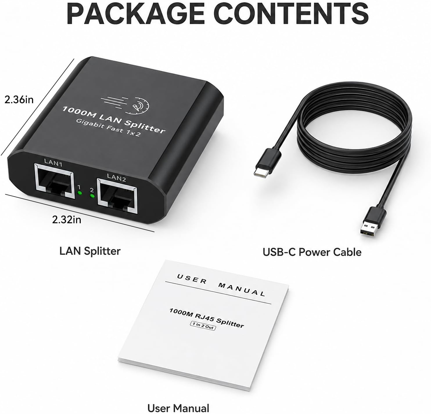 Ethernet Splitter 1 to 2 Mini Gigabit Internet Switch 1 in 2 Out LAN and RJ45 Port Splitter High Speed Network Adapter for 5/5e/6/7/8 with USB c Power Cable