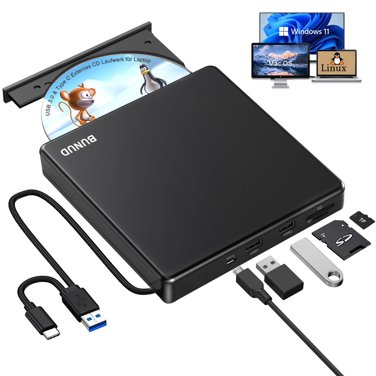 BUNUD Externes DVD Laufwerk für Windows 11: CD Laufwerk Extern USB DVD Laufwerk Externer CD/DVD Brenner und Player mit SD/TF & 2 USB Ports Externes Laufwerk für Laptop Mac MacBook PC