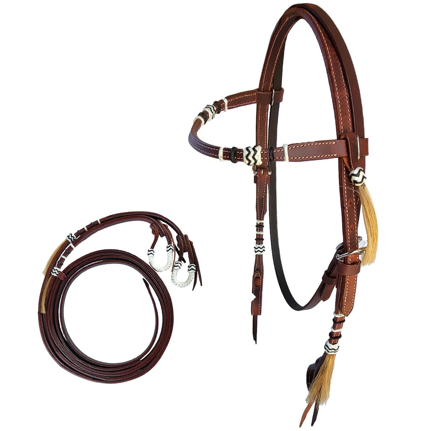 Brama West Western-trense "Wyatt" – Elegante scocca in pelle dal classico stile western – con cuciture bianche a contrasto, decorazioni Rawhide e nappe per capelli di cavalli – marrone, con pale (Cob)