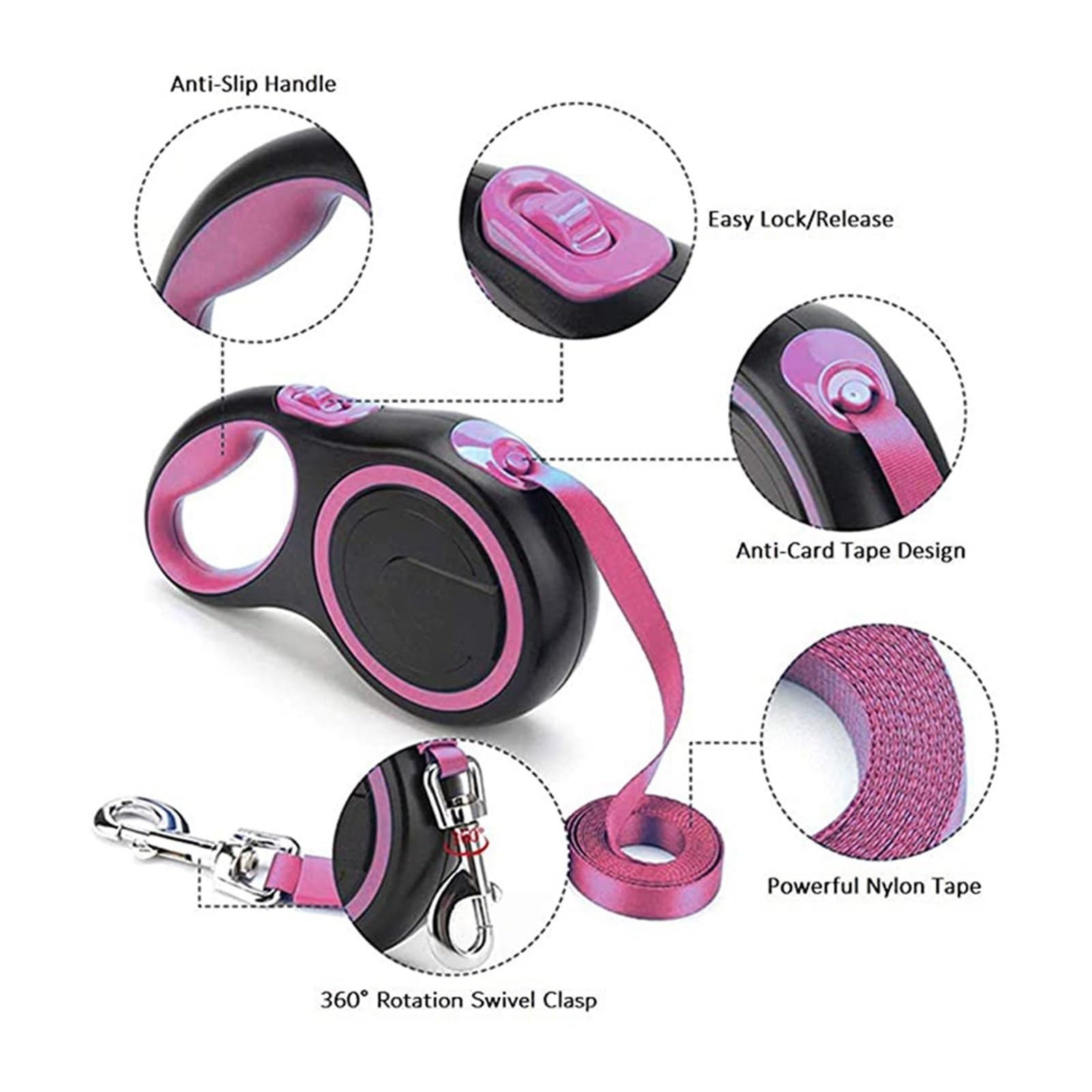 Guinzaglio retrattile per cani in nylon resistente, 3/5/8 m, guinzaglio estensibile automatico, per cani di grandi dimensioni, guinzaglio da passeggio per cuccioli (rosa, 8 m - 50 kg)