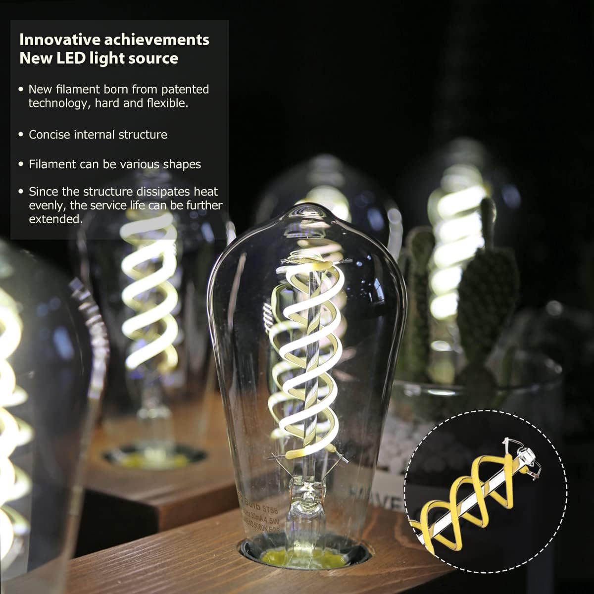ST19(ST58) LED Smoky Grey Glass Edison Bulb, Vintage, 6 Pack, Daylight 5000K, Antique Flexible Spiral LED Filament Light Bulb, Dimmable, 300LM, 4.5W Equivalent to 40W, E26 Base