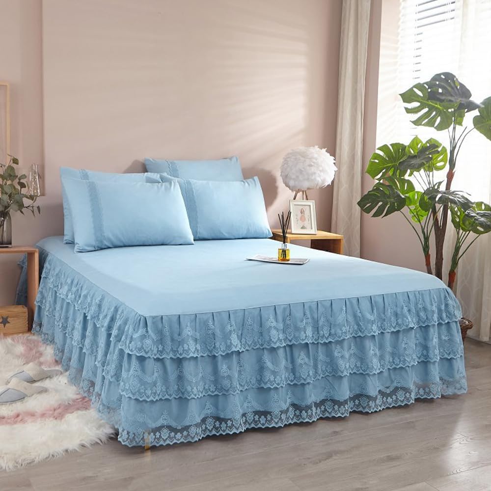 Ruffled Lace Bed Skirt for Queen Bed 17 Inch Drop, Dust Ruffle with 3-Tier Layered Lace, Easy Fit, Wrinkle & Fade Resistant