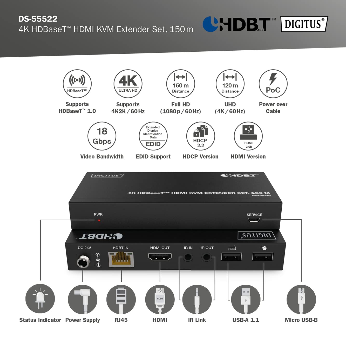 DIGITUS Przedłużacz KVM HDMI - 4k/60Hz - Nadajnik i odbiornik - HDBaseT 1.0 - HDMI 2.0b - USB 1.1 - Zasięg do 150 m - Kabel krosowy Cat 6A i wyższy
