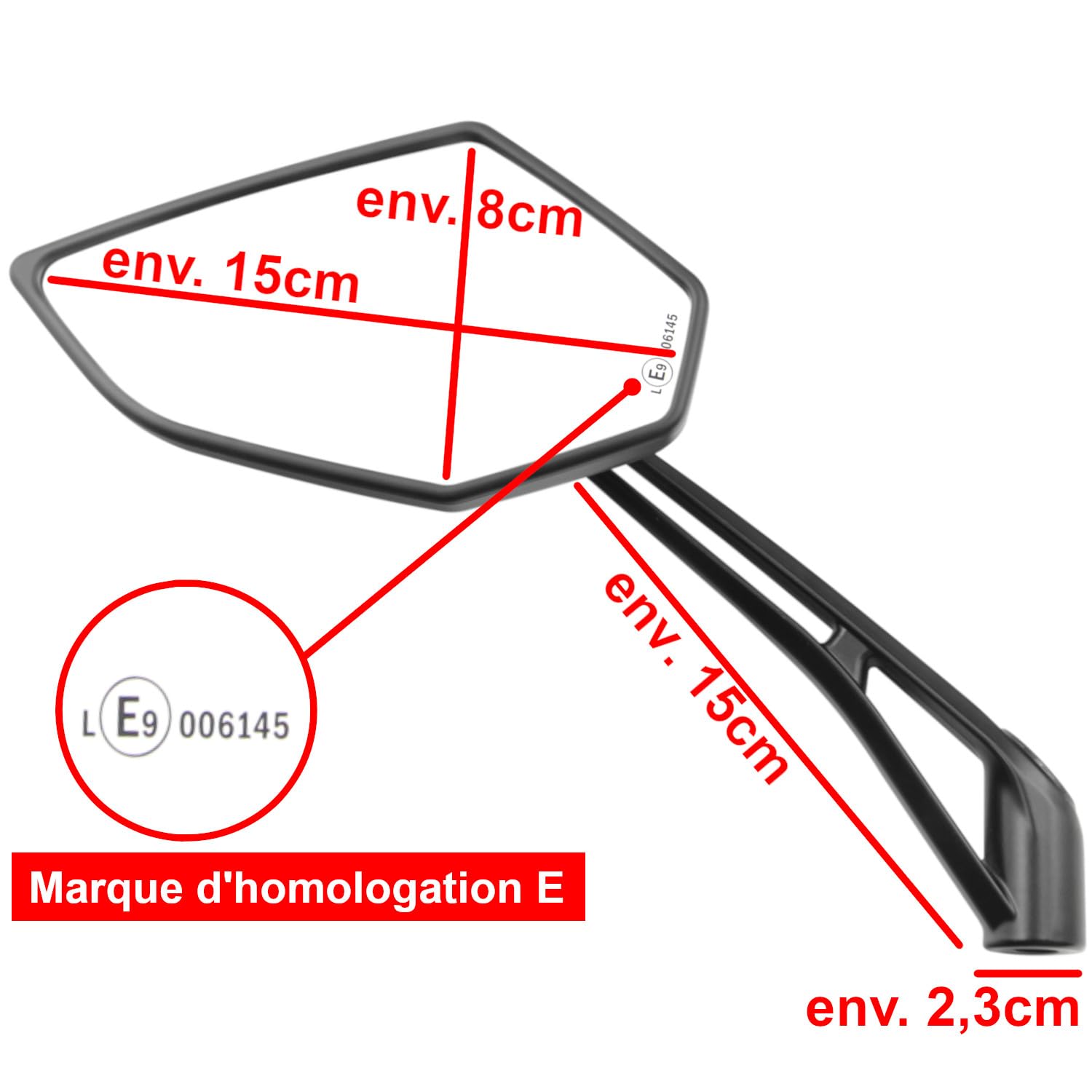 Area1 Rétroviseur moto et scooter Carbone (2 pièces) homologué E, 2xM10/M8 filetage à droite+1xM10/M8 filetage à gauche ATV, Quad (Noir)