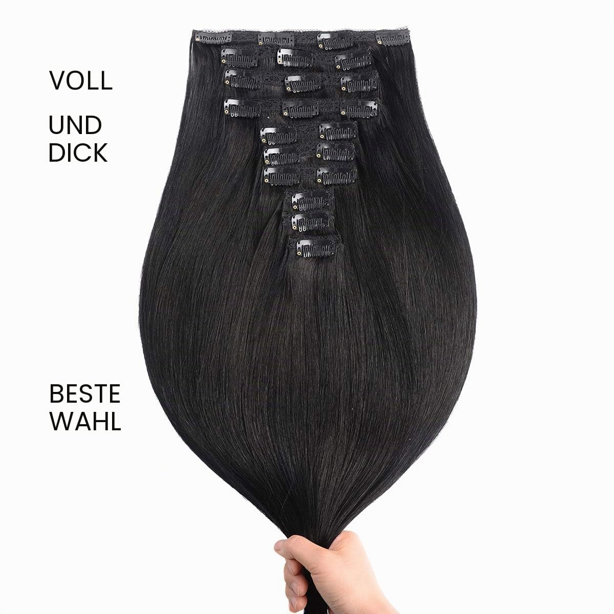 Clip-in-Echthaar-Haarverlängerung, voller Kopf, 10 Stück, 22 Clips, 200 g, Nr. 1 Jet Black (Tiefschwarz), doppelt genähte Tressen, brasilianisches Remy-Echthaar, dick, glatt, seidig, 56 cm
