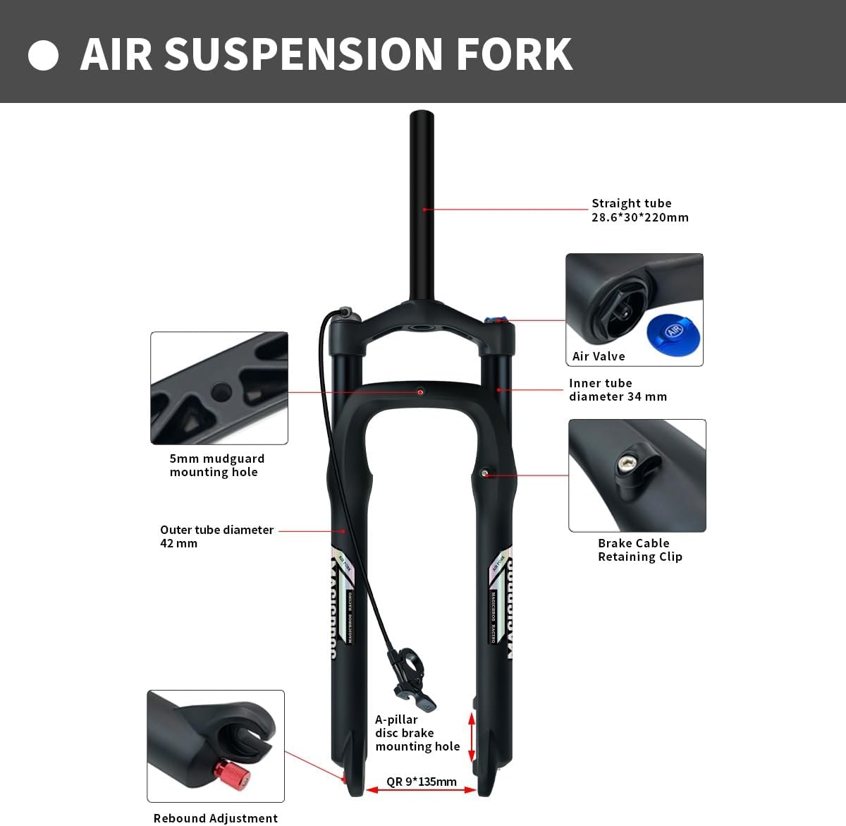 20/26 Inch Snow Beach Bike Suspension Fork Fat 4.0" Tire Bike Front Forks Travel 120mm Air Fork 1-1/8" Straight QR 9 * 135mm Adjustable Rebound