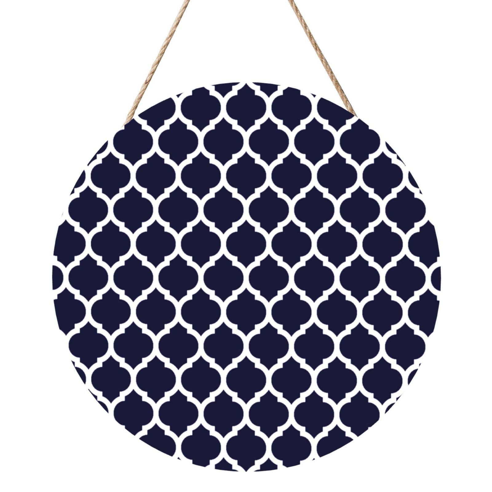 InOmak Modern Navy Blue Moroccan Geometric, Round Wood Panel Painting 12 in, Wall Hanging Painting For Home