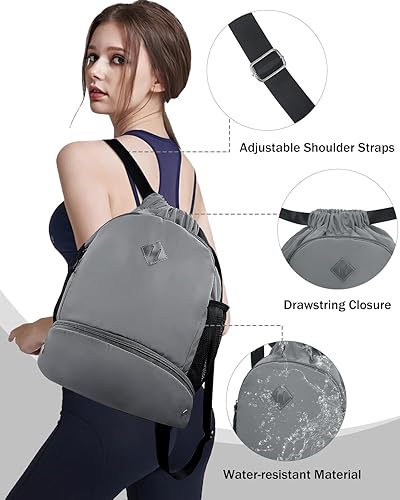 Miniatura 6 de Mochila de gimnasio con cordón y compartimento para zapatos para hombres y mujeres, bolsa deportiva de cuerda con bolsillo húmedo, bolsa de playa,