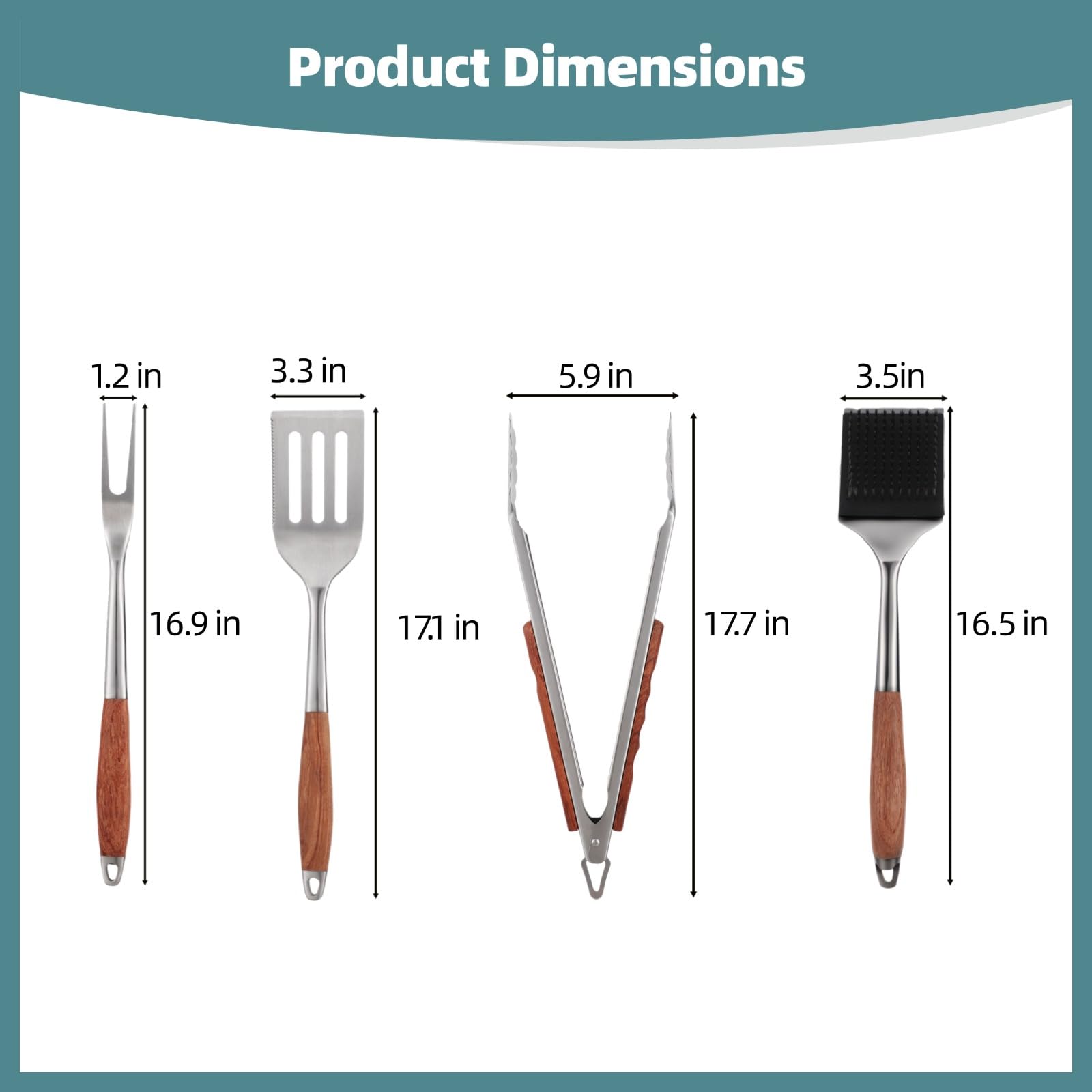 Outils Barbecue 4 pièces, spatule, Fourchette, Pince et Brosse de Nettoyage en Acier Inoxydable, poignée Isolante en Bois de Rose, Accessoires pour Grill extérieur, Cadeau pour Homme