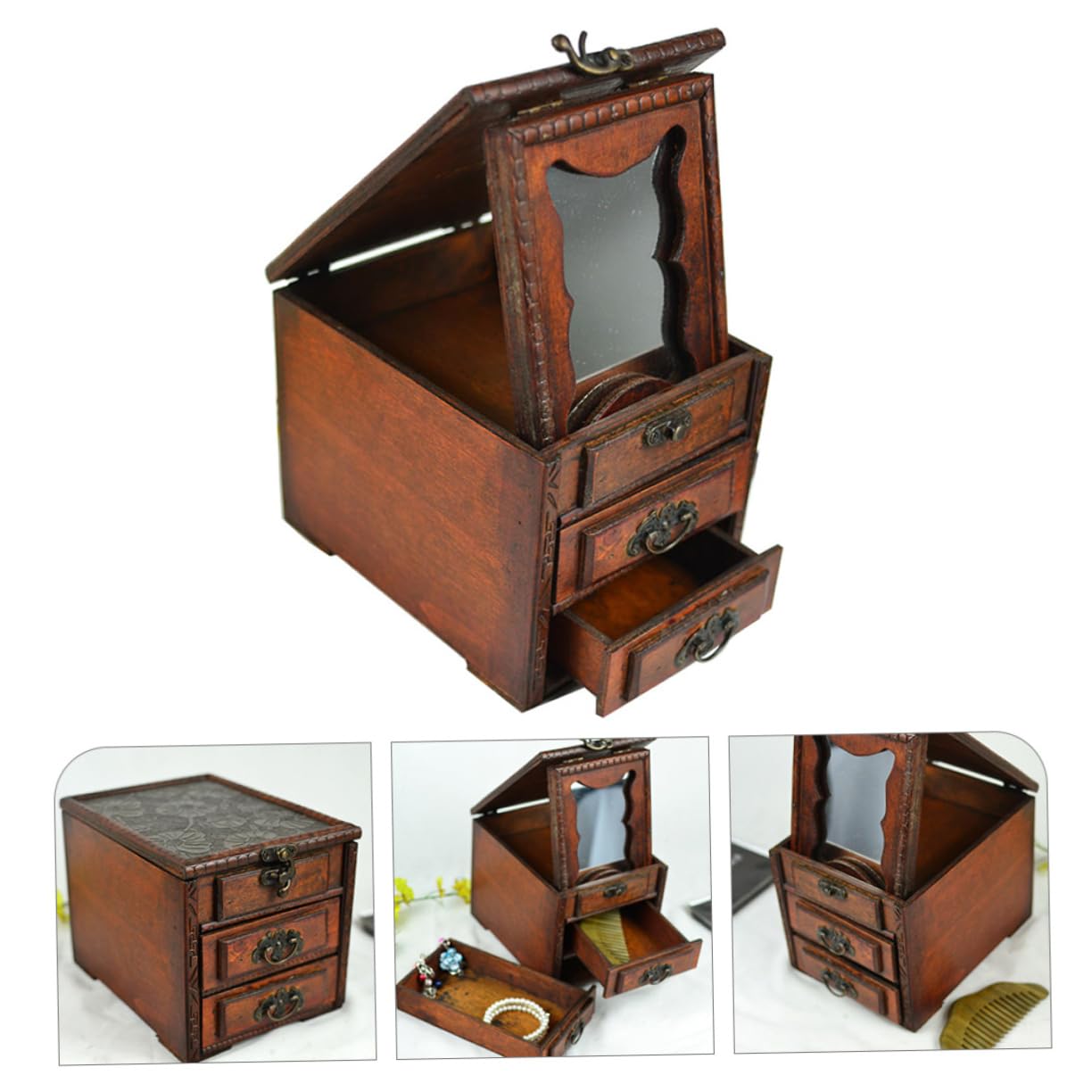 Alipis Coffret à Bijoux en Bois Vintage avec Miroir, Organisateur de Rangement pour Colliers et Boucles D'oreilles, Style Chinois Charmant, Protège Dommages pour Présents Spéciaux