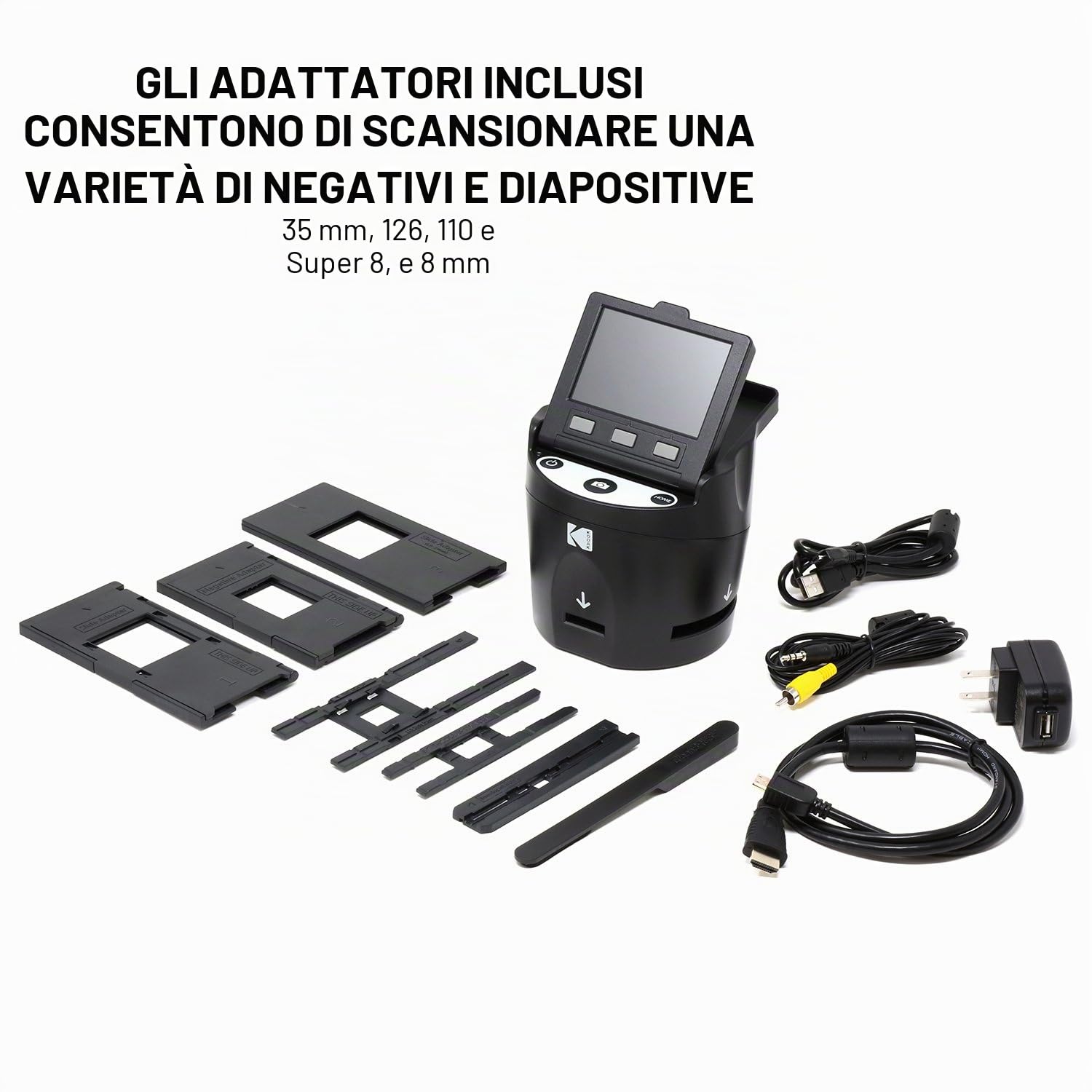 Scanner digitale KODAK SCANZA per pellicole e diapositive - Converte pellicole e negativi da 35mm, 126, 110, Super 8 & 8mm in immagini JPEG - schermo LCD da 3.5" inclinabile