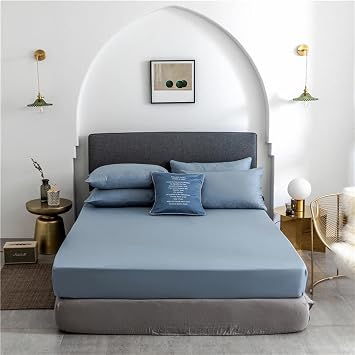 FCLDESHOP Standard Fitted Sheet,Comfortable Skin-Friendly Pure Cotton Solid Color Deep Pocket Fitted Sheet,Fits 12 Inch 30 Cm Deep Mattresses,Blue 2,180 * 200cm*30cm