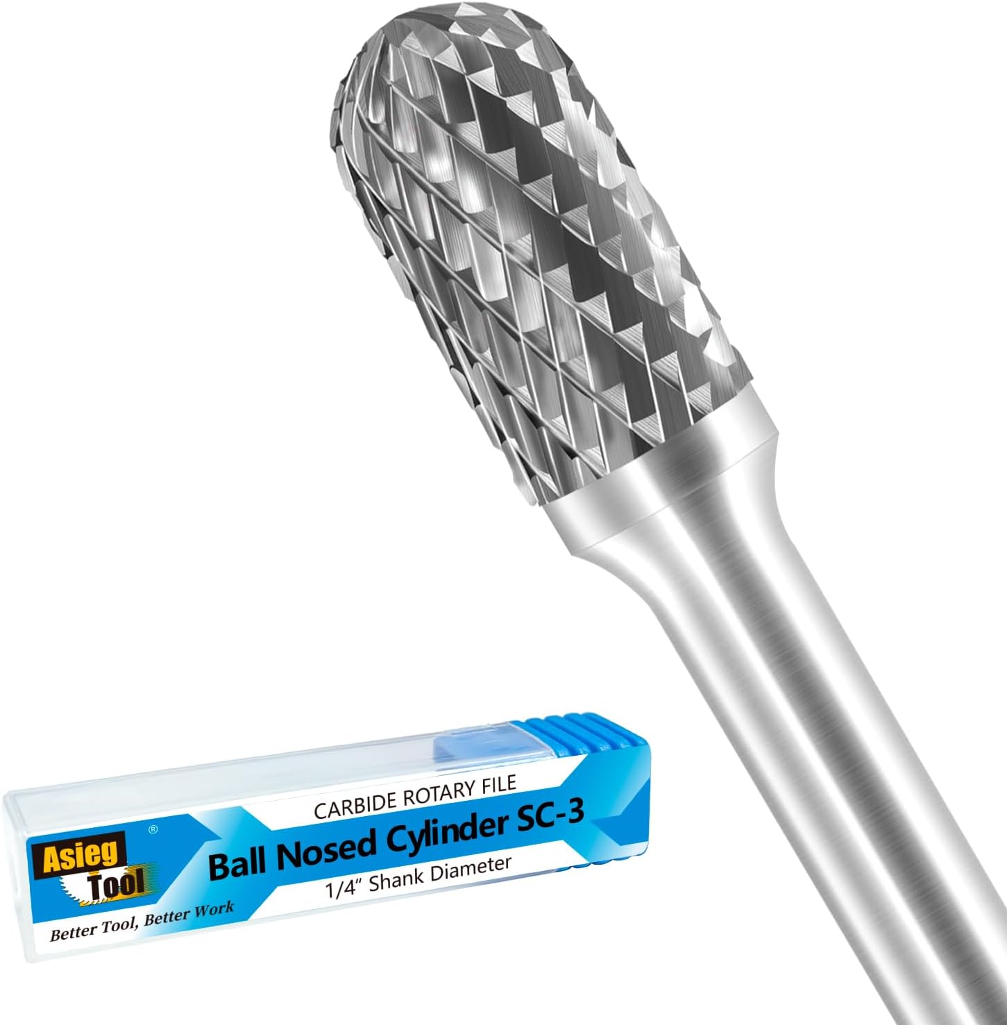 SC-3 Tungsten Carbide Burr Rotary File Cylindrical Ball Nose End Shape Double Cut for Die Grinder Drill Bits 1/4'' Inch Diameter of Shank and 3/8'' Inch Diameter of Cutter 3/4'' Inch Cutter Length