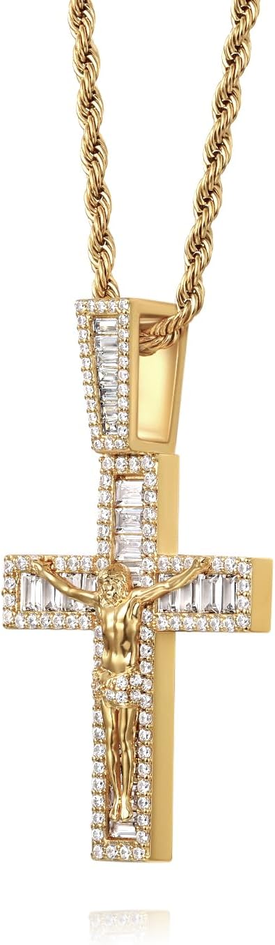 Mens Womens Crucifix Necklace Jesus Cross Chain Iced Out Baguette REAL White Gold/ 18K Gold/Rose Gold Plated Christian Pendant(Give 3mm 24inch Gold Plating Rope Chain)