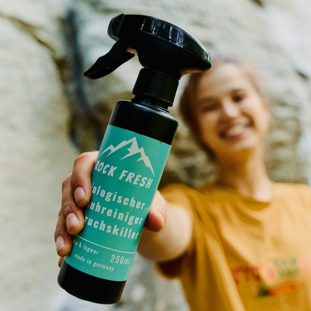 Biologisches Schuhdeo & Schuhspray gegen Käsefüße/Schweißfüße 250 ml Konzentrat – biologischer Geruchsentferner gegen stinkende Schuhe – für Kletterschuhe, Boulderschuhe und mehr | Rock Fresh | Biologisch & probiotisch – Schuhreinigung und Schuhdeo in ein