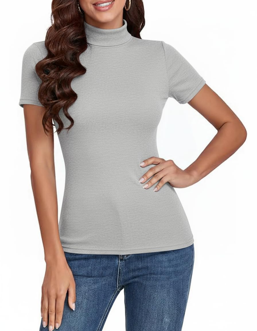 Totatuit Damen T-Shirt Kurzarm Gerippt Slim Fit Oberteile Elegant Basic Sommer Casual Stretch Tshirt mit Stehkragen Rollkragenshirt Tops