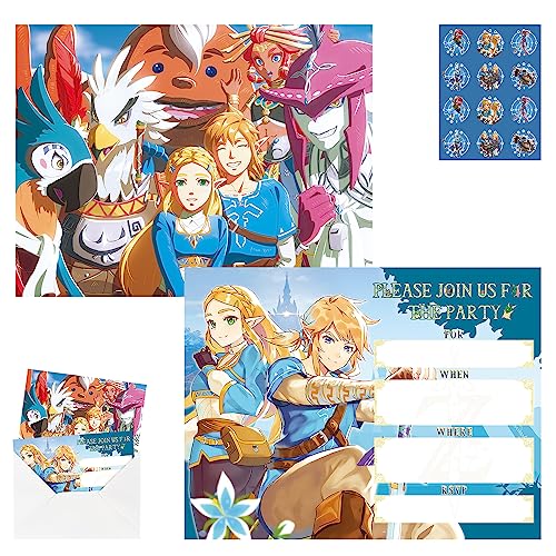 Hille Decor Party Supplies for Zelda Invitation Card, Game Theme Birthday Supplies Favors with Stickers and Envelopes, 20 Sets