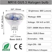 Vista 5 de Vinaco Bombilla halógena MR16 de 50 W, 3 bombillas halógenas GU5.3 de alto rendimiento regulables de 12 V, luz MR16 GU5.3 con larga vida útil 2800 K