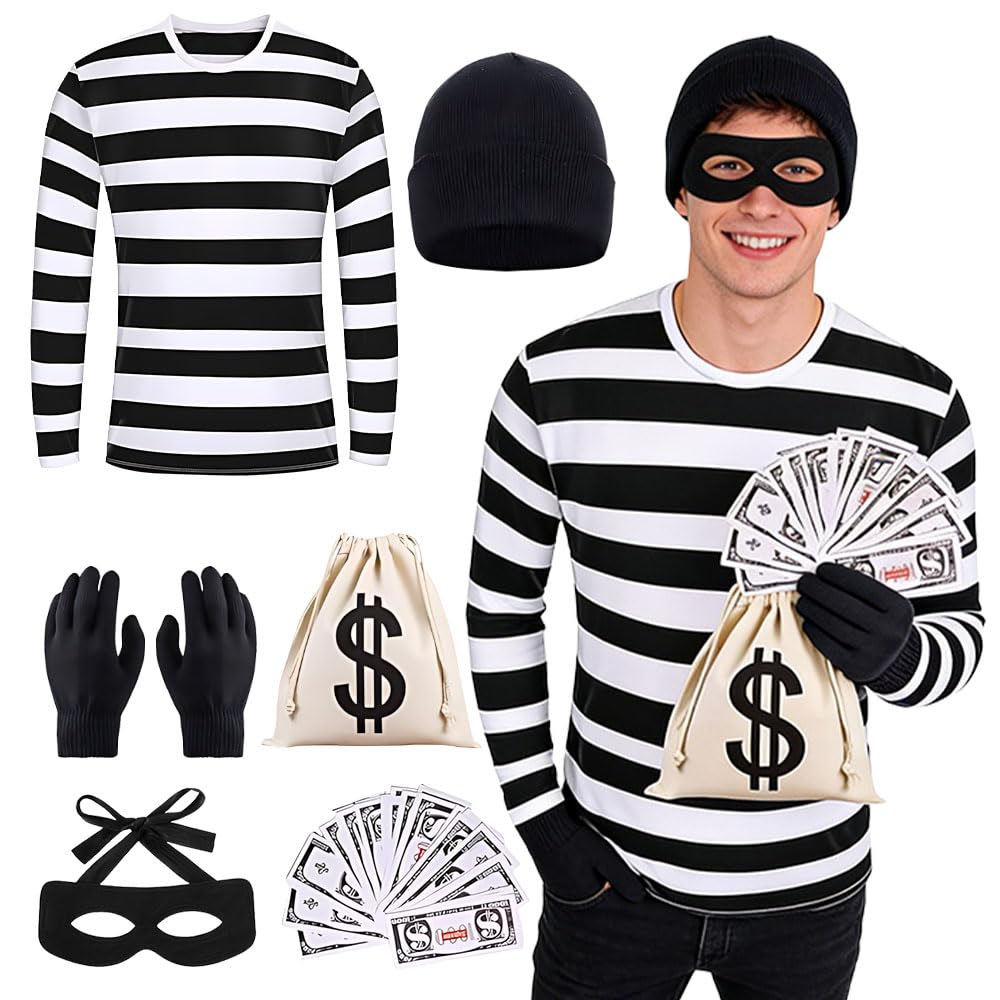 KUWUNG Burglar Bill Costume, 6PCS Robber Costume Men Set