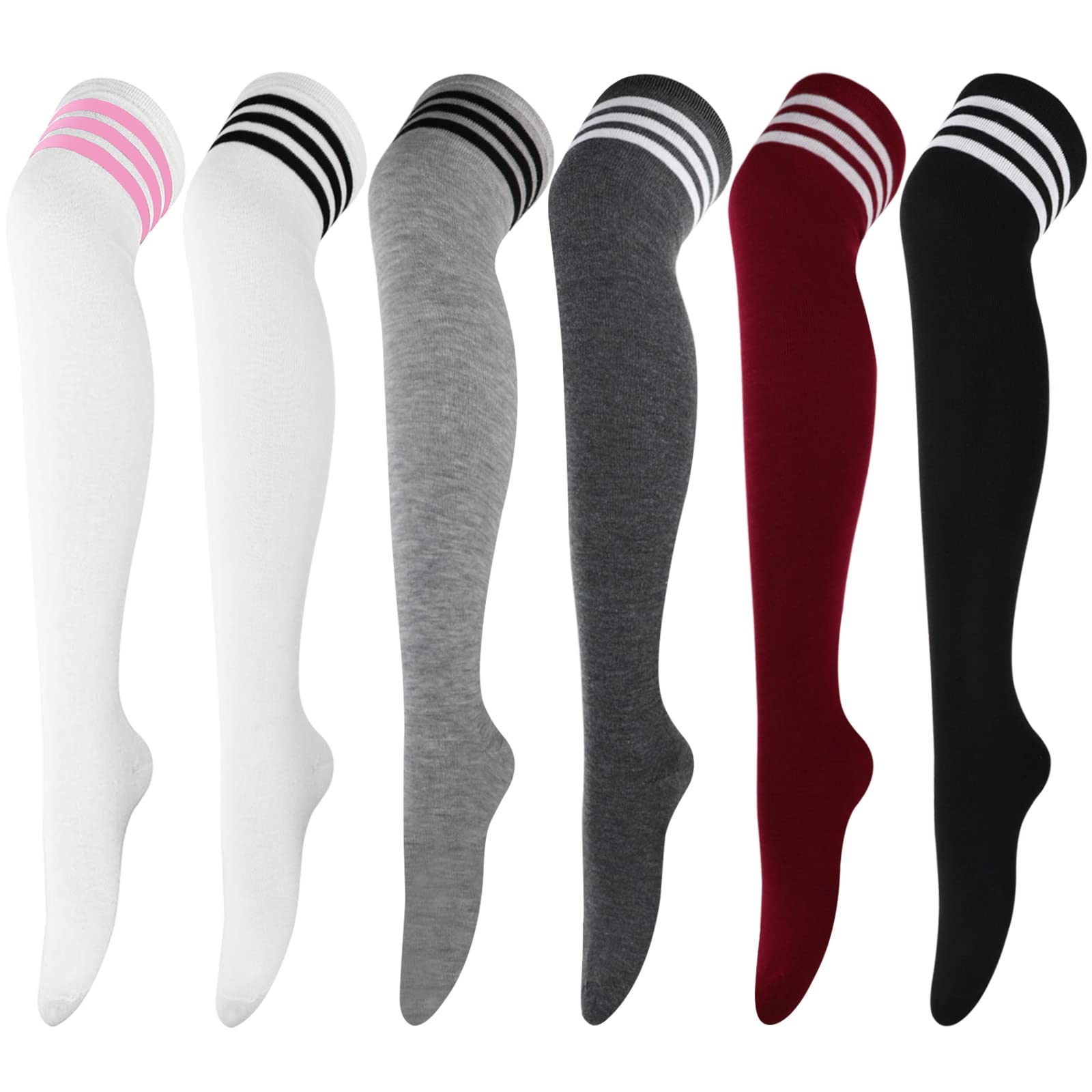 DRESHOW 6 Pairs Long Socks Thigh High Socks Tights Over Knee Socks Casual High Stockings for Girls and Women