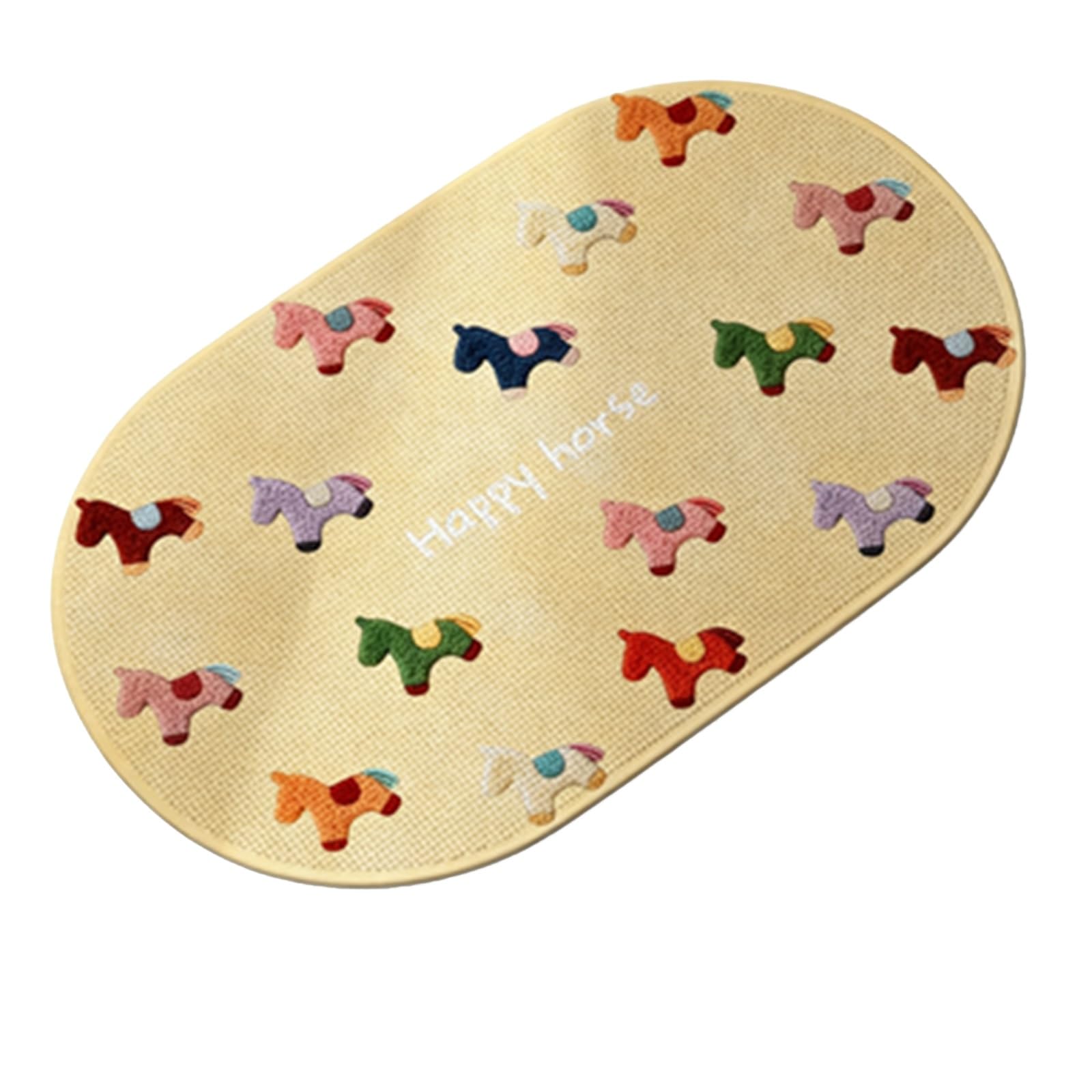 Tapis de bain aspect lin design cheval chic et absorbant ovale jaune pour un confort élégant