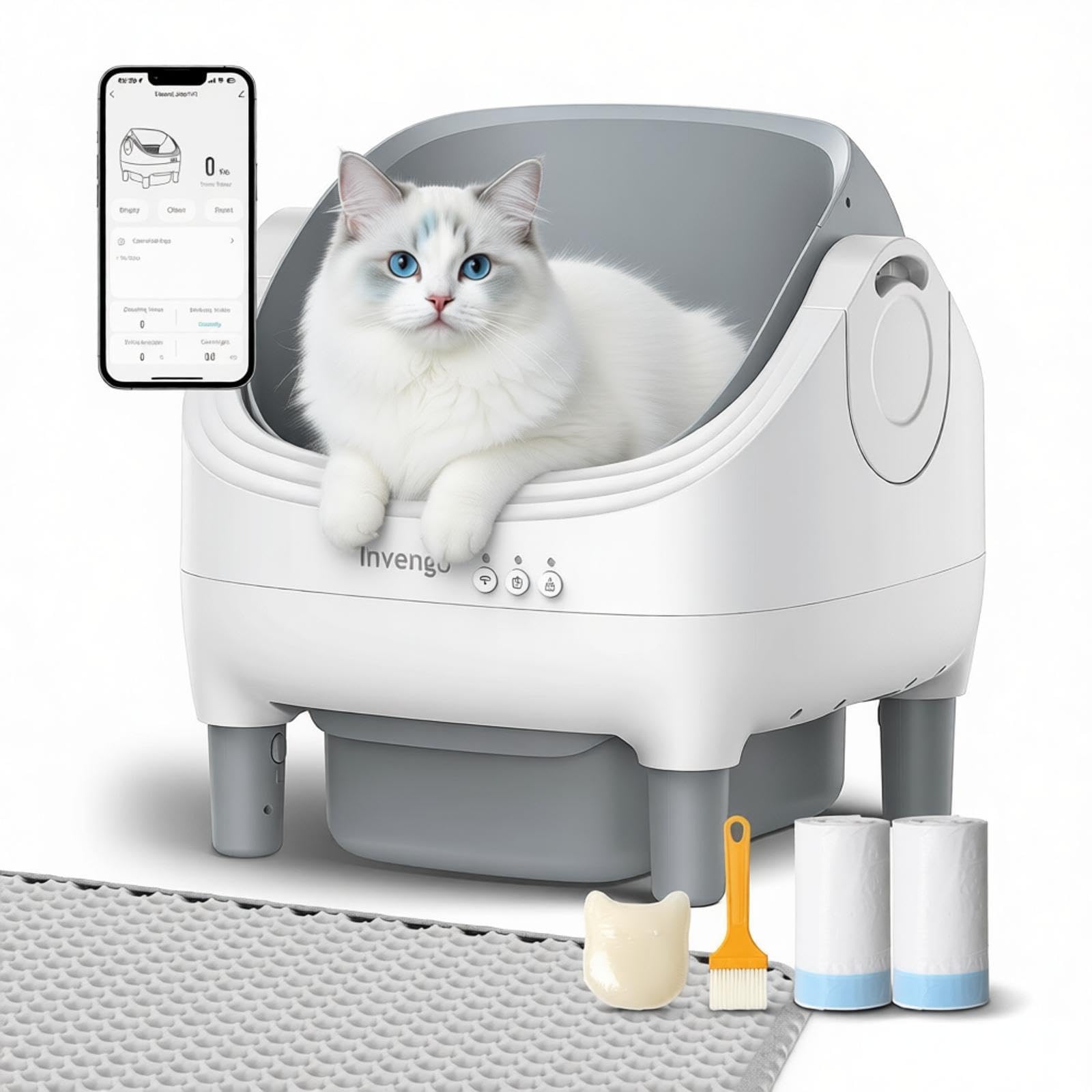 Automatic Cat Litter Box for Multiple Cats, App Control, Open-Top Automatic Litter Box Self Cleaning, Safety Sensors 10.5L Waste Bin with Odor Control, 2 Rolls of Liners