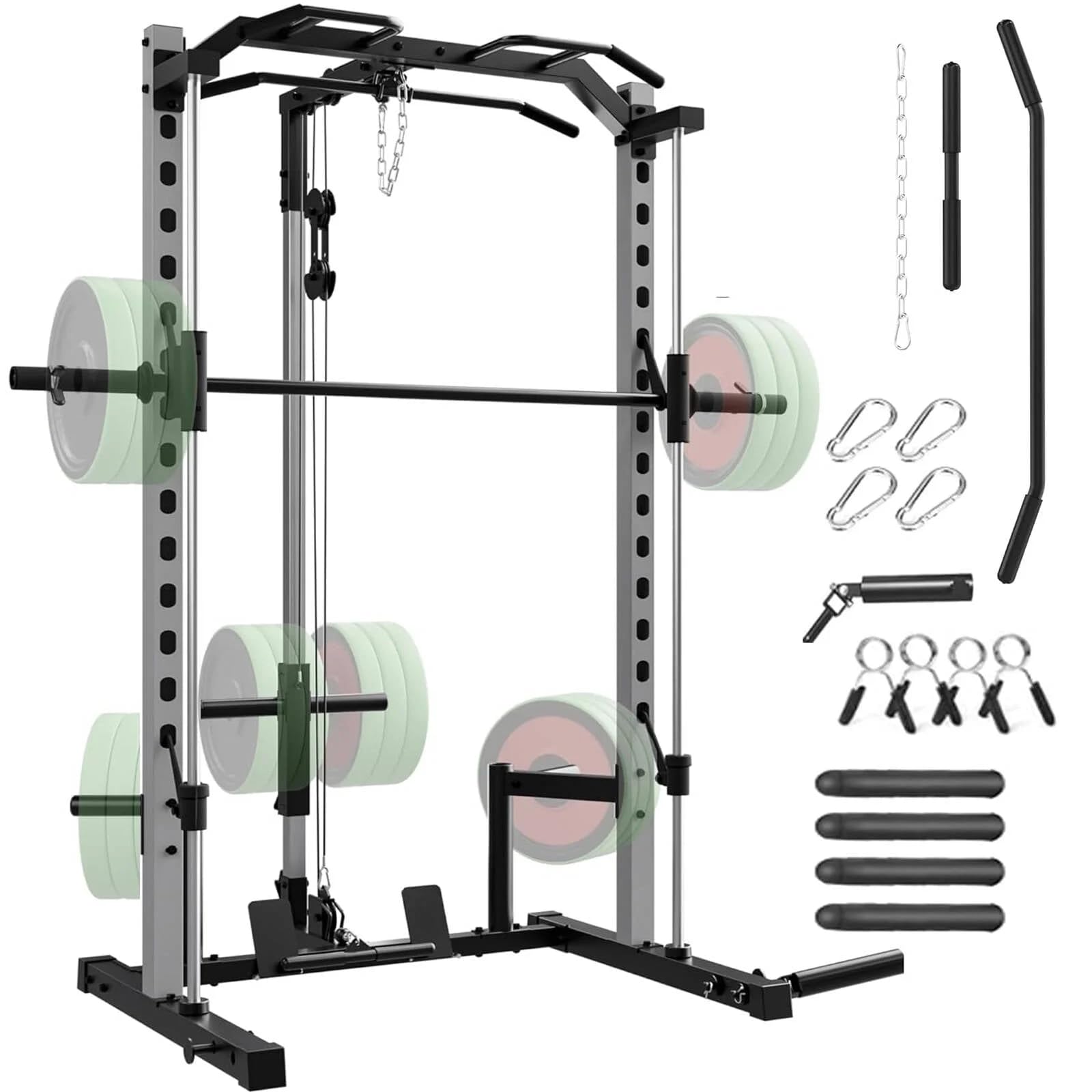 Smith Machine Squat Rack, All-in-One Power Rack Cage with LAT-Pull Down System & Cable Machine, Power Cage with Barbell Bar, Weight Storage and More Attachment