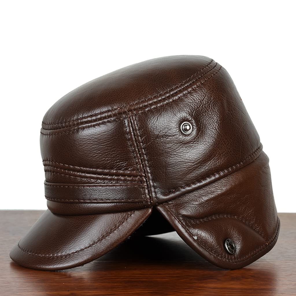 Skórzana Czapka Z Regulacją,Męska,Zimowa,Gruba Bawełniana Czapka,Utrzymująca Ciepło,Zewnętrzna,Ochrona Słuchu,Brązowa,60 Cm,Czarna,6 7/8-7 1/8(Brązowy-6 7/8)