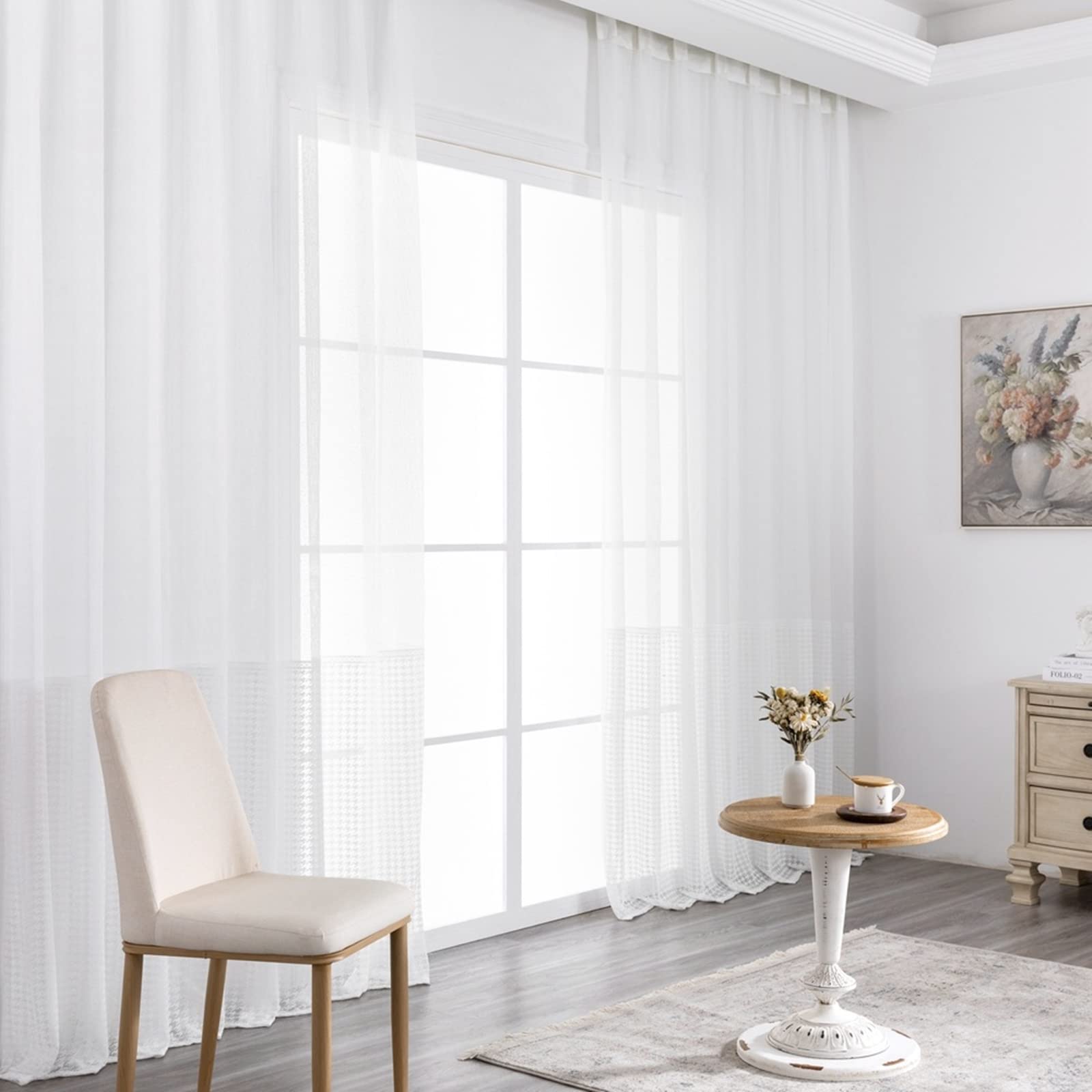 Tende Voile in Poliestere Trasparenti, Tende Due Pannelli Finestra Occhiello Griglia Tende per Stanzetta e Soggiorno 86x138CM Bianco