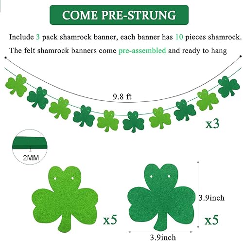 Miniatura 2 de JOZON Paquete de 3 guirnaldas de trébol de fieltro para el día de San Patricio, decoración de trébol de la suerte, decoración de fiesta del día de