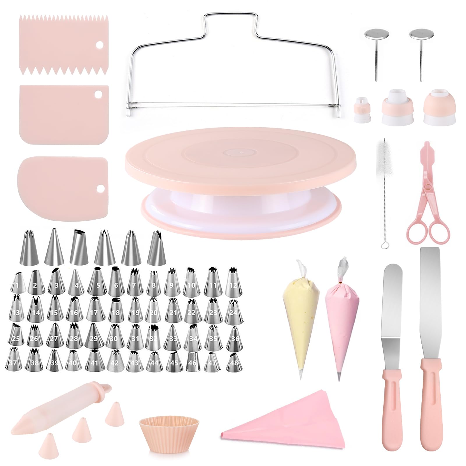 El kit de decoración de pasteles de 107 piezas incluye tocadiscos giratorios para decorar, juego de bolsas de glaseado y puntas, 2 espátulas, 3 raspadores de pasteles, 25 bolsas de tubería,