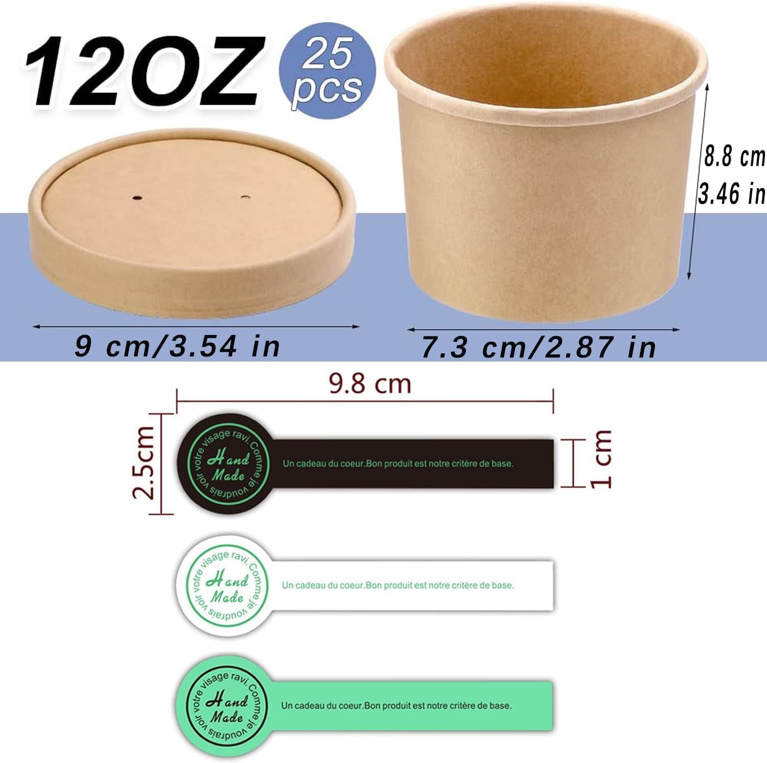 [25 Sets - 12 oz] Kraft Paper Food Soup Containers with Vented Lids, Microwavable Disposable Food Soup Bowls, to Go Hot Soup Bowls, Great for Restaurants - Extra 30 Hand Made Self-Adhesive Labels