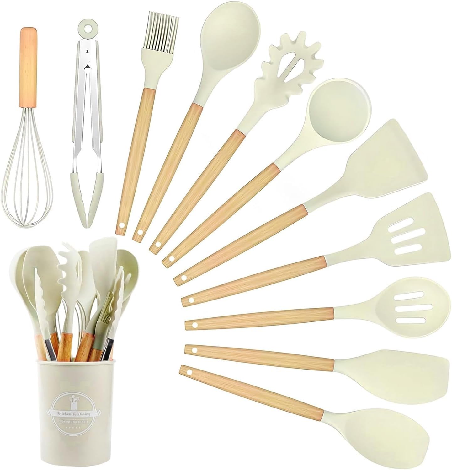 12-Piece Kitchen Utensil Set, Silicone Cooking Utensils Cooking Cutlery Set with Wooden Handle, Heat-resistant Cooking Cutlery with Utensil Holder, Non-Stick Cooking Set, Kitchen Utensils, Dishwasher