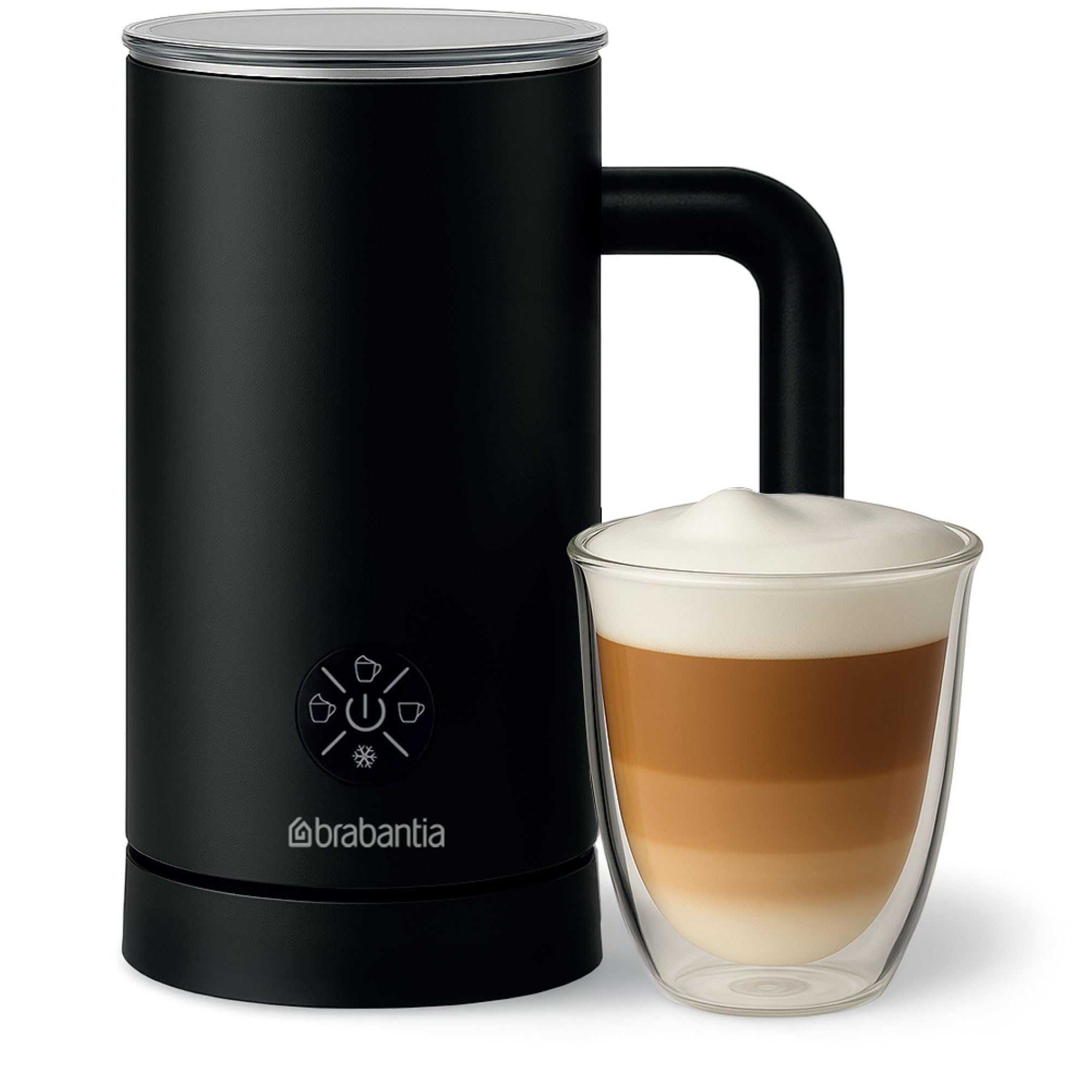 Frother Électrique Brabantia, 4-en-1, 300 ml, Moussage Chaud et Froid, Sans BPA ni PFAS, Cappuccino, Latte, Café Glacé, Chocolat Chaud, Noir, BBEK1048