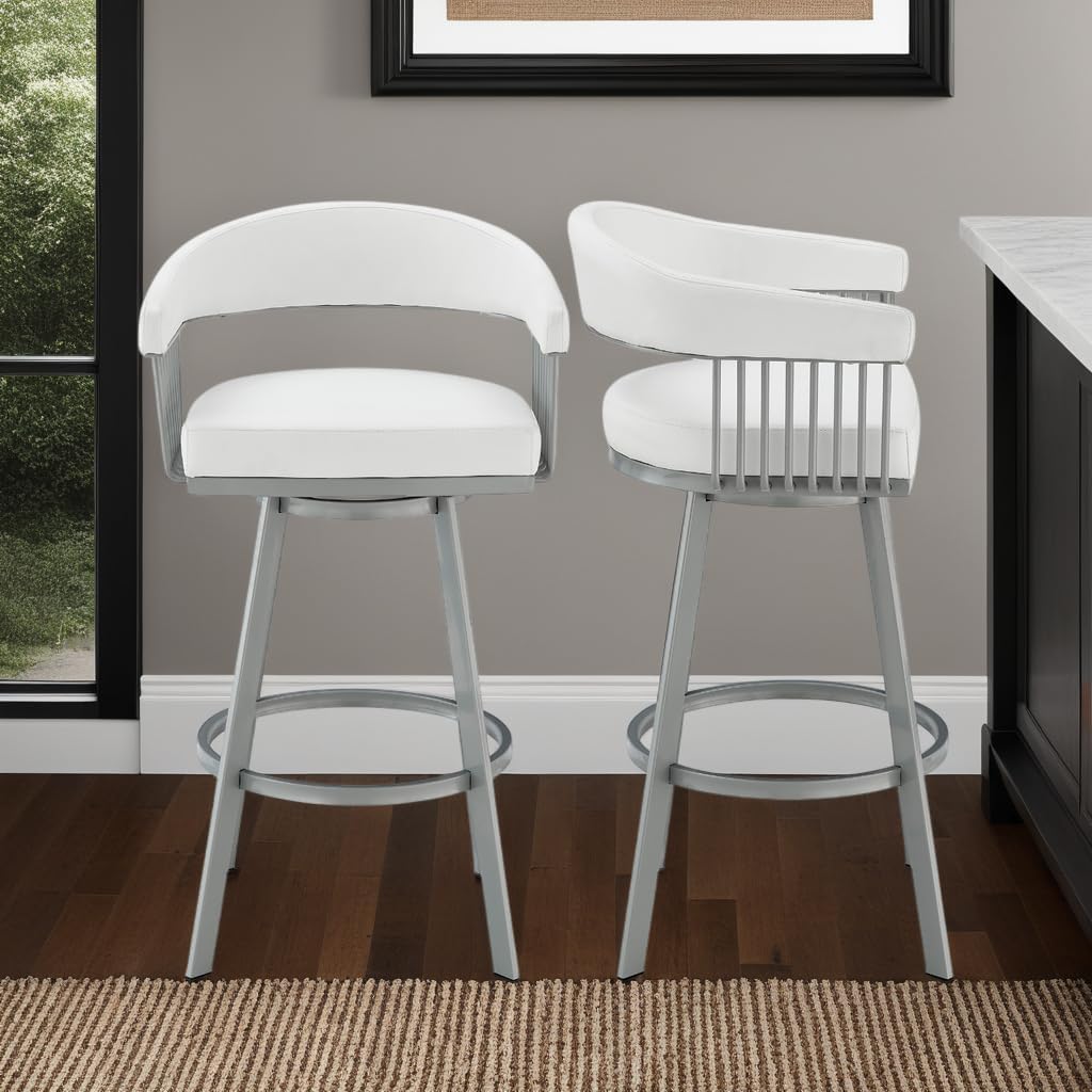 Armen Living Chelsea 25" Counter Height Swivel Bar Stool in Silver Finish and White Faux Leather