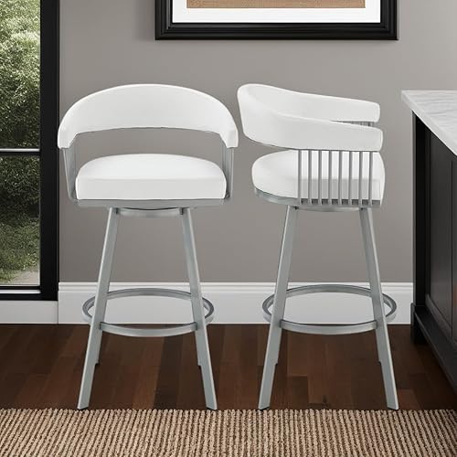 Miniatura 2 de Armen Living Chelsea Taburete giratorio de 25 pulgadas de altura de mostrador en acabado plateado y piel sintética blanca