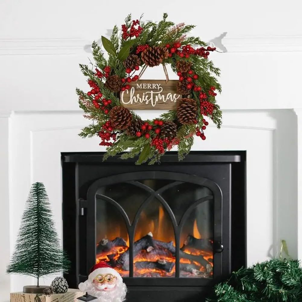 Corona de fiesta de Navidad frontal para puerta, pino artificial con bayas rojas y conos, resistente a la intemperie, decoración de pared para ventana del hogar