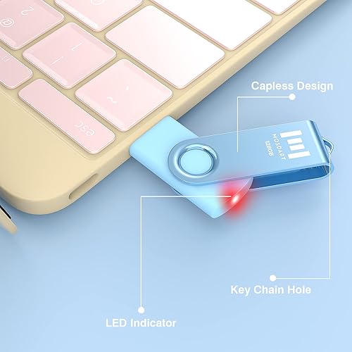 Miniatura 5 de MOSDART Unidad flash USB 2.0 de 128 GB, con bucle para llavero, diseño giratorio con luz LED, memoria exFAT para computadoras, respaldo del sistema,