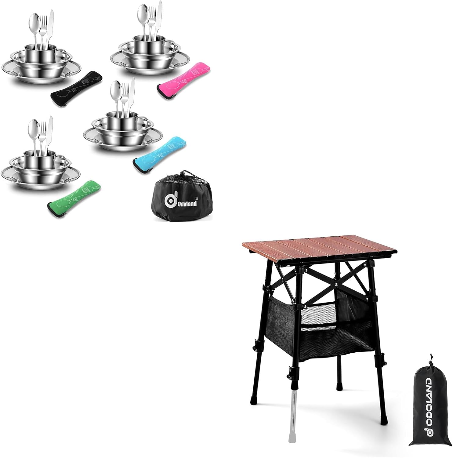 Odoland Bundle - 2 Items 29pcs Stainless Steel Utensils Camping Tableware Kit and 15.75" x 11.81" Adjustable Height Small Portable Beach Table