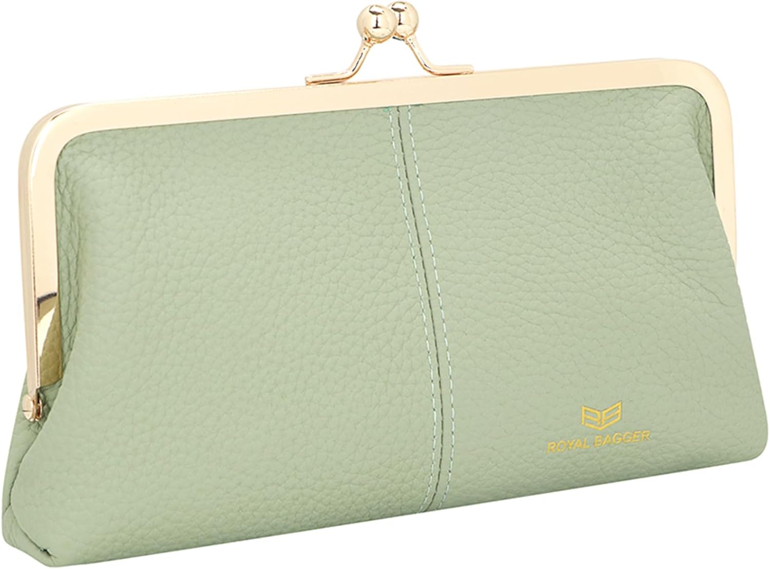 Royal Bagger RFID Kiss Lock Wallet, Solid Color Multi-card Slots Card Holder, Genuine Cow Leather Clutch Purses for Women 1468 (Fresh Green)