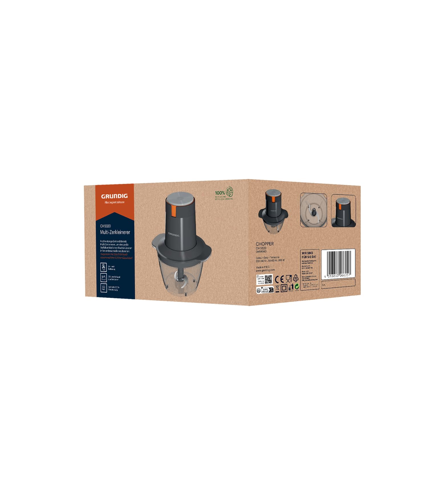 Grundig CH 5320 Tritatutto Multifunzione 500W con 2 Lame in Acciaio Inox Contenitore in Vetro da 0,5L 2 Livelli Supporto Antiscivolo Uso con una sola Mano, Blocco di Sicurezza