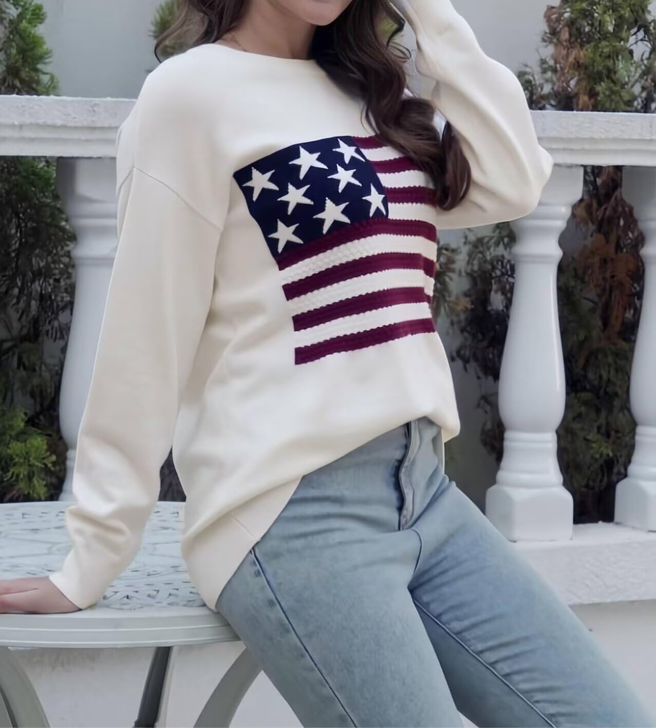 Dressmine Womens American Flag Sweater Knit Long Sleeve Crew Neck Graphic Elegant Soft Loose Pullover