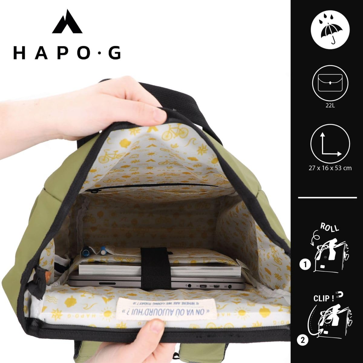 Hapo-G - Sacoche arrière roll-top convertible sac à dos MEDIUM - 22L - KAKI - Waterproof et déperlant - Compartiment ordinateur 14" - Poches zippées - Fixation porte-bagages - Idéal pour vélo