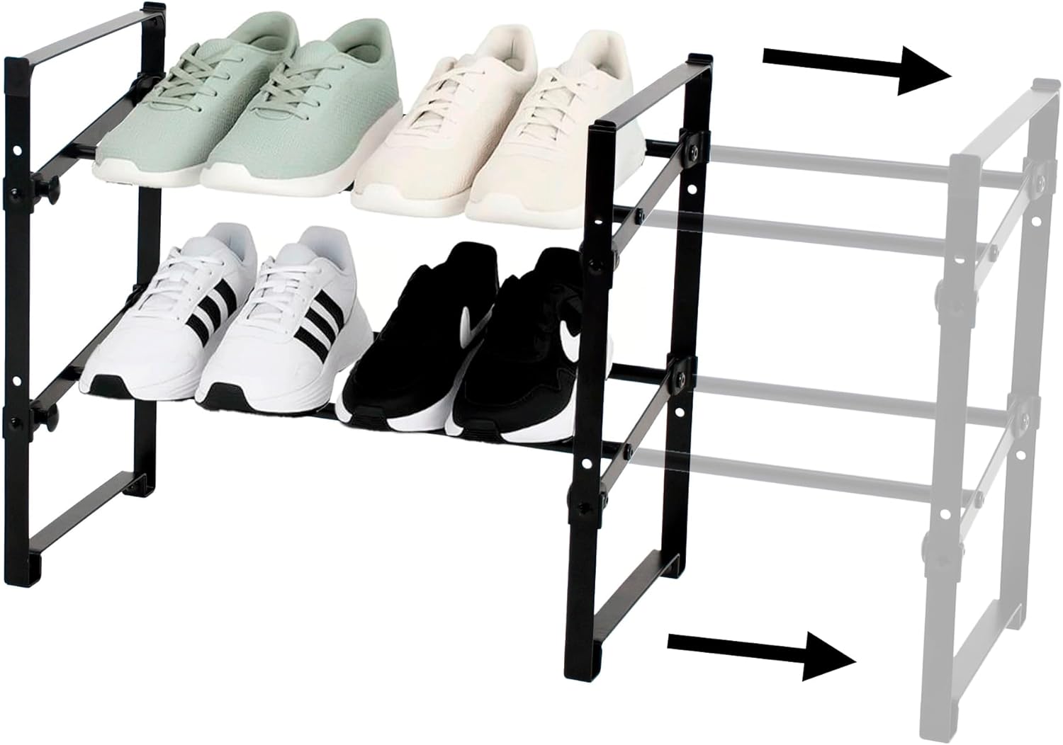 Amig - 2-Tier Extendable Shoe Rack Tötem | 45.5~80 x 24 x 39.5 cm | Steel and PP Plastic | Black | Ideal for Hallway or Bedroom | Organiser for 12 Pairs of Shoes