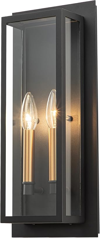 Outdoor Wall Light Fixture Exterior, Black Modern Porch Lights Wall Mount, 2-Light Outside Large Outdoor Wall Sconce with Golden Interior, Patio Light Fixture for House, Front Porch, Garage