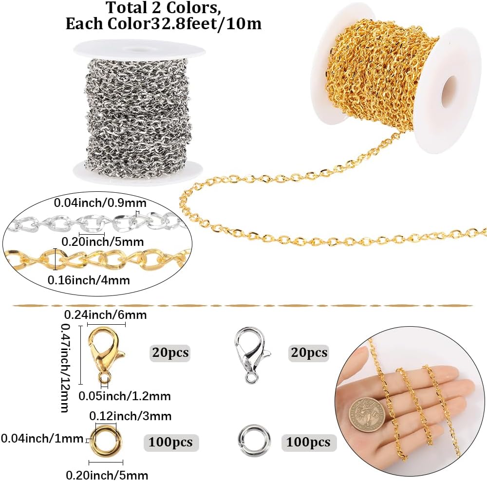 65.6 Feet/20m 5 x 4mm Gold Cuban Chain Roll Metal Curb Chain with Jump Rings Silver Twist Oval Link Spool Connector Accessories for Jewelry Making Necklaces Bracelets Supplies DIY Crafts