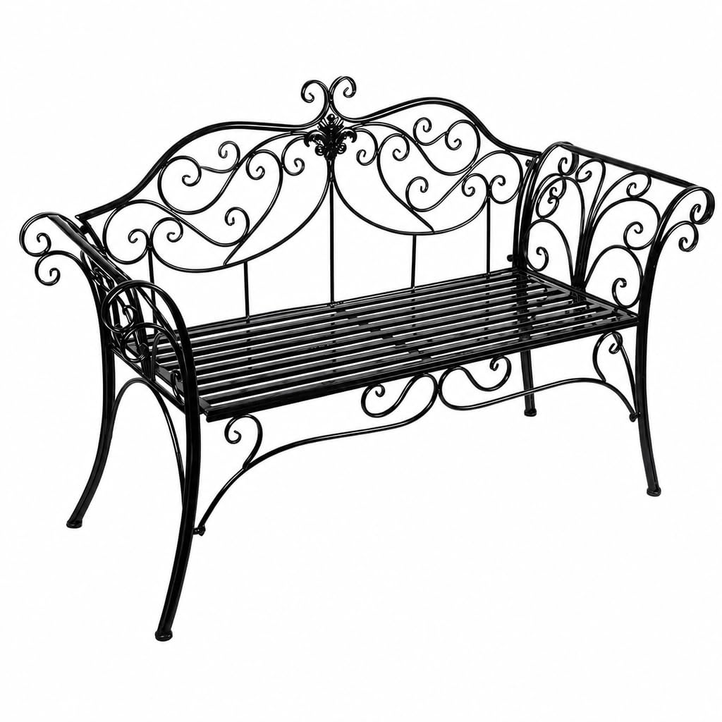 Banco de jardín de metal retro de 2 plazas, diseño curvado, 250 kg (negro)