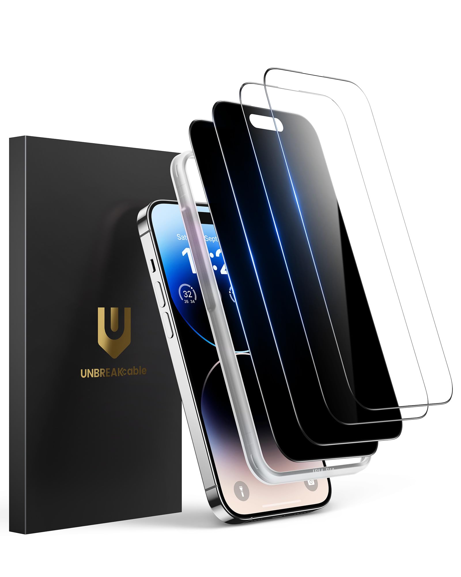 UNBREAKcable Lot de 4 protections d'écran pour iPhone 14 Pro Max - 2 verres trempés confidentialité + 2 verres clairs doublement incassables Anti-rayures pour iPhone 6,7 pouces