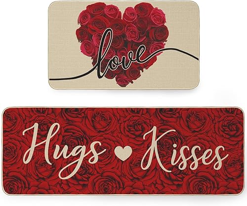 AKM016 - Juego de 2 tapetes de cocina con diseño de corazón de amor decorativo para el día de San Valentín, 17 x 29 y 17 x 47 pulgadas
