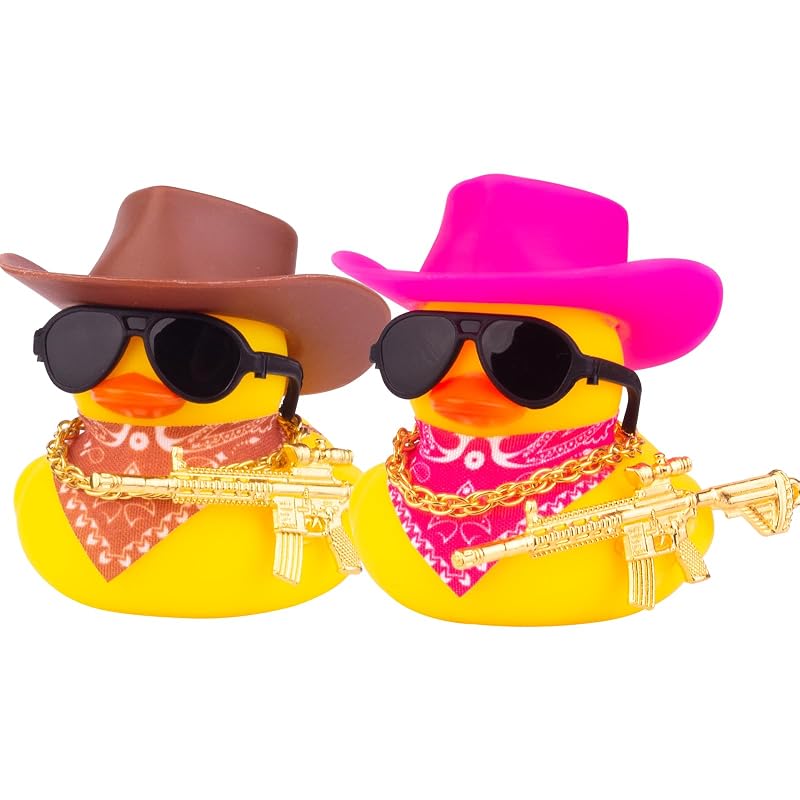 Kit com 2 enfeites de pato para painel automotivo CoFuBcad com chapéu de cowboy, marrom e rosa